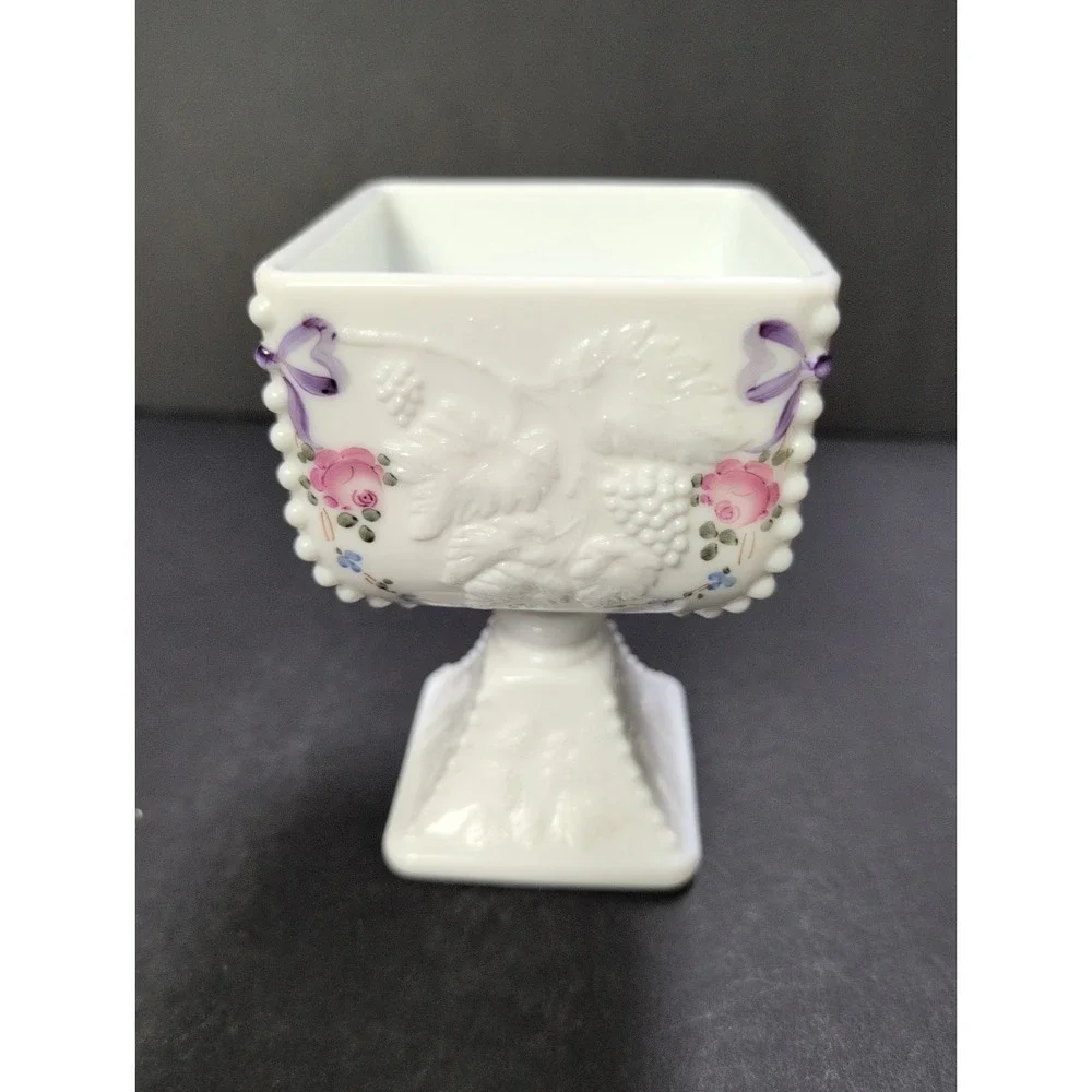Vintage Westmoreland Milk Glass Brides Bowl Pink Roses - Purple RibbonBeautiful